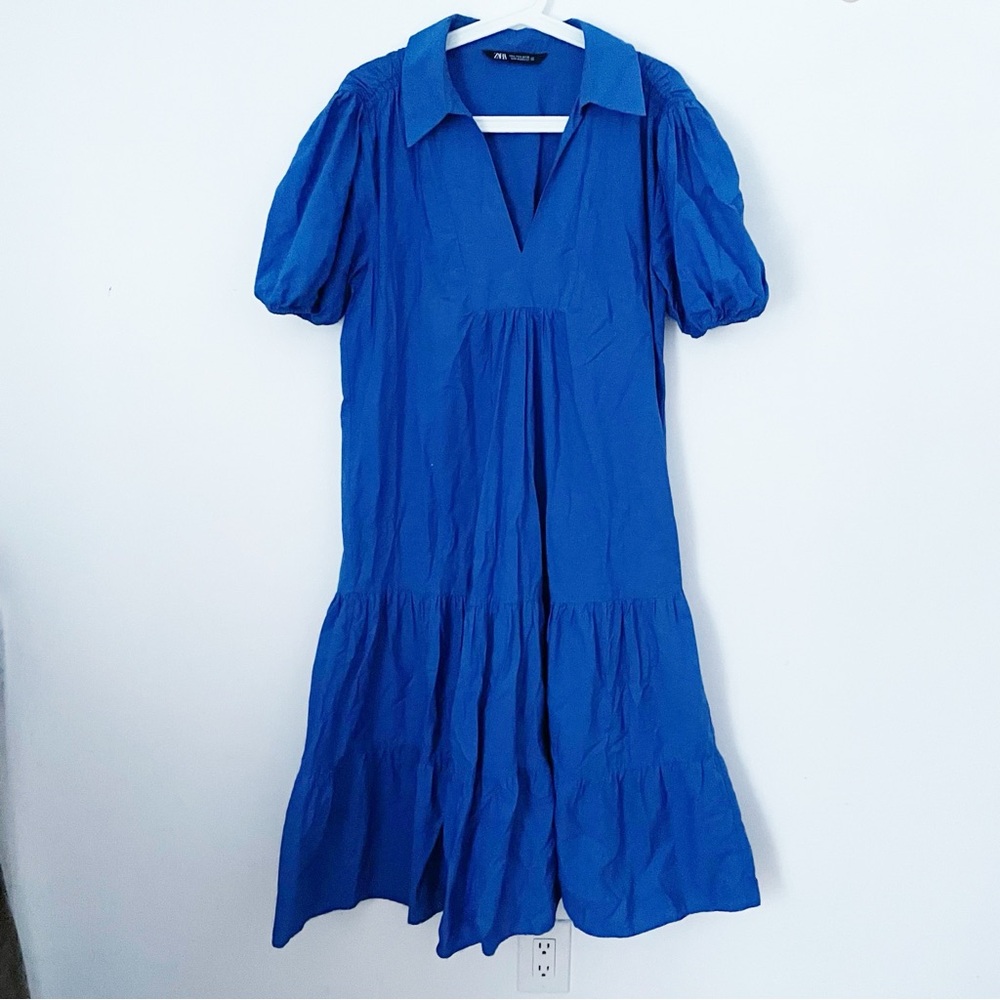Zara Cobalt Blue 100% Cotton Tiered/Flounced Loose Midi Dress. Size L - Picture 8 of 13